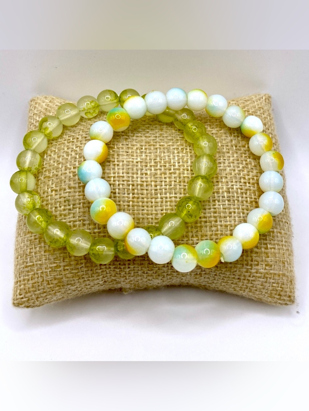 2PC Set Lime Green Chartreuse Yellow Ombre Glass Bead Stretch Bracelet NWOT
